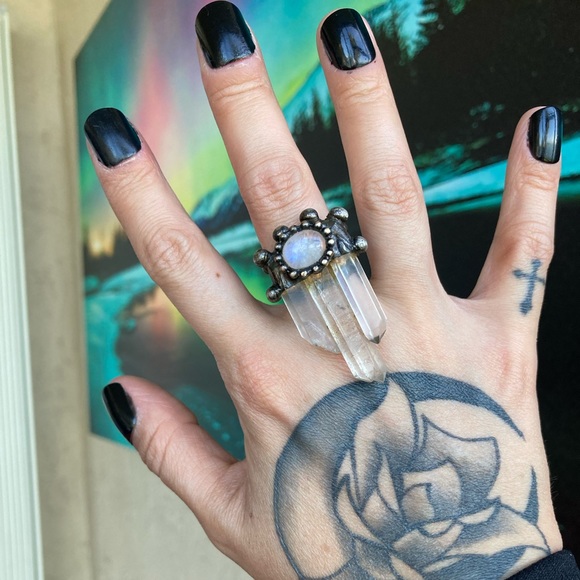 Natural iridescent flash moonstone gem triple crystal quartz adjustable ring - Picture 9 of 16